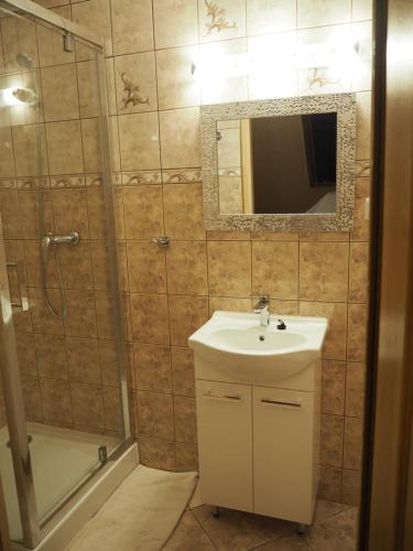 y baño con lavabo, ducha y espejo. en Dom Gościnny Anastazja en Międzywodzie