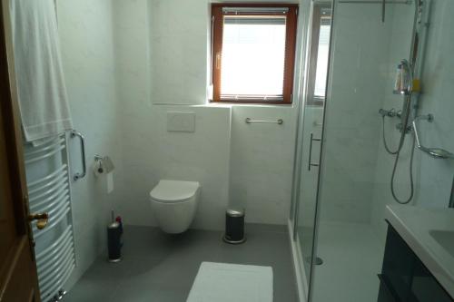 a white bathroom with a shower and a toilet at Villa Bellevue Apartment 1 Deluxe Apartment in Ossiach
