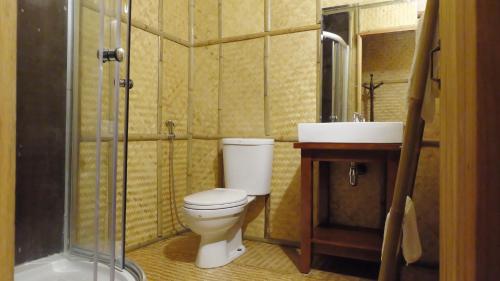 a bathroom with a toilet and a sink and a shower at Lanna House Lanna Hut Chiangmai in Chiang Mai
