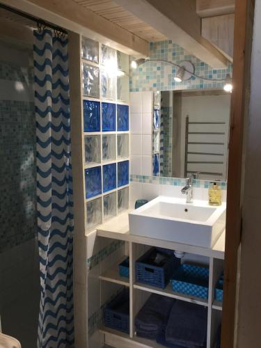 une salle de bain avec un lavabo et un miroir dans l'établissement la pitchoun des Arènes, à Arles