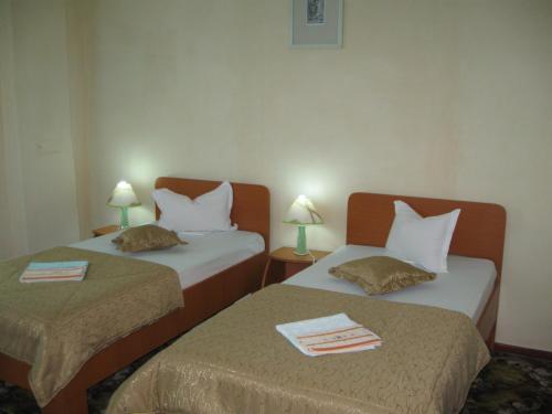 two beds in a small room with two lamps at Pensiunea Turistica Visconti in Sfântu Gheorghe