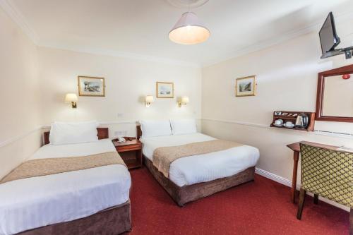 two beds in a hotel room with red carpet at The Lansdowne Hotel in Dublin