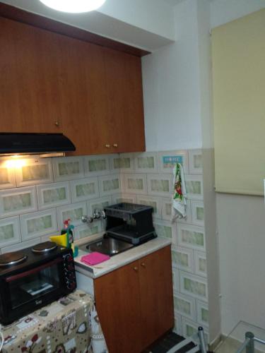 a small kitchen with a sink and a stove at The Sweetest Acropolis Flat in Athens