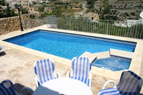a swimming pool with two lawn chairs and a swimming pool at Sylvia' s Millhouse in Kerċem