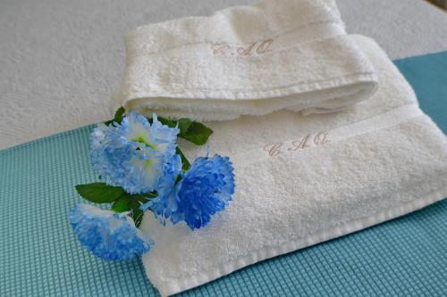 フルナスにあるCasa da Água Quente 2の白いタオルとテーブルの上に飾られた青い花