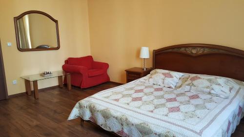 カルロヴィ・ヴァリにあるApartman v centru Karlovych Varuのベッドルーム1室(ベッド1台、赤い椅子付)