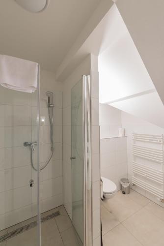 a bathroom with a shower and a toilet at Boutique-Hotel Kronenstuben in Ludwigsburg