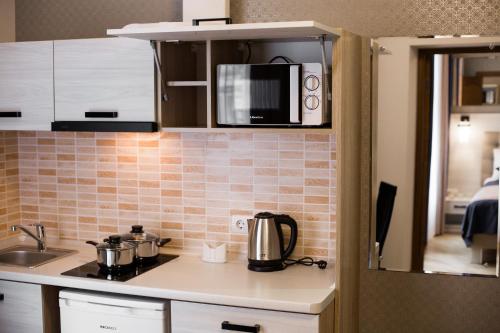 a kitchen with a sink and a microwave at ANTARES Apart hotel in Lviv