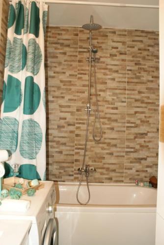 a bathroom with a bath tub with a shower curtain at Apartman Old Town in Trogir