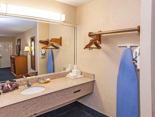 baño con lavabo y espejo grande en Downtowner Inn and Suites - Houston, en Houston