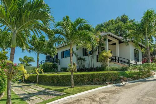 a house with palm trees in front of a road at Luxury Villa sleeps 6, Beach Access, Montego Bay in Montego Bay