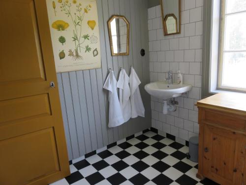 a bathroom with a sink and a toilet and a mirror at Stuga på landet in Gunnarskog