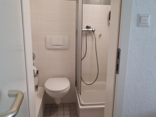 a small bathroom with a toilet and a shower at Hotel Taverne Inos in Hannover