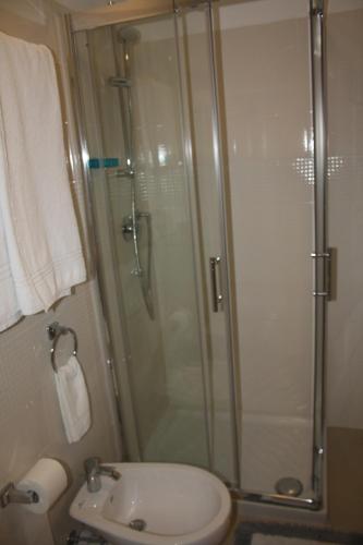 a bathroom with a shower and a toilet and a sink at Affittacamere la Genzianella in Vinadio