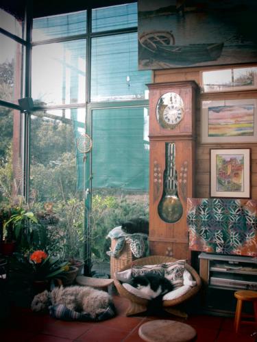 VisanにあるLalibellaの大きな窓、時計、猫用の椅子が備わる客室です。