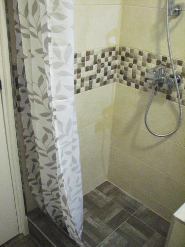 a shower with a shower curtain in a bathroom at Bohemian Dawn Apartment in Belgrade