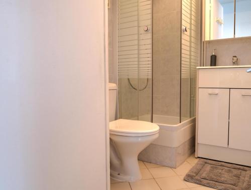 a bathroom with a toilet and a shower at Appartement Le Flamant Rose in Port-la-Nouvelle