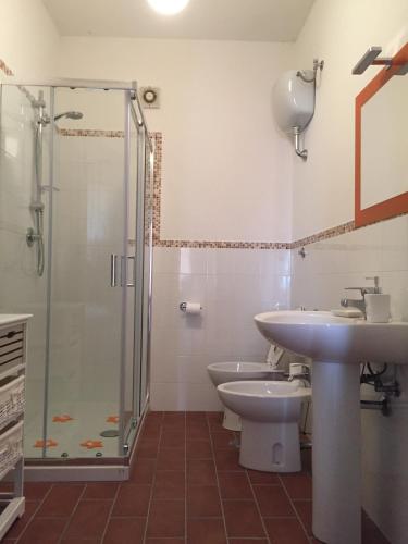 a bathroom with a sink and a shower and a toilet at Poggio Moretto in Manciano