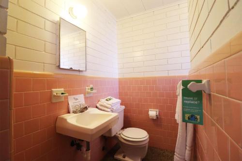 W łazience znajduje się umywalka, toaleta i lustro. w obiekcie Big River Marina & Lodge w mieście Astor