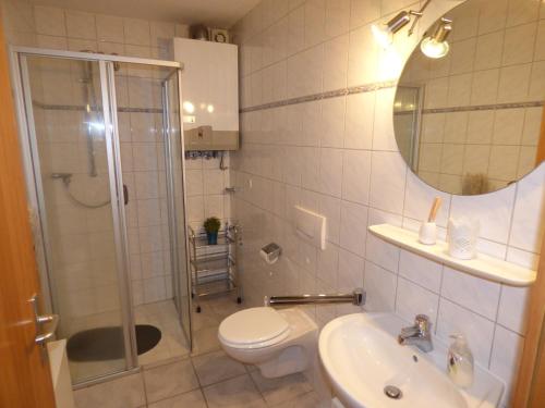 a bathroom with a shower and a toilet and a sink at Käptn Seebär in Friedrichskoog-Spitz