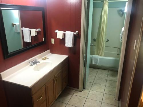 a bathroom with a sink and a mirror and a tub at Western Inn Roswell in Roswell