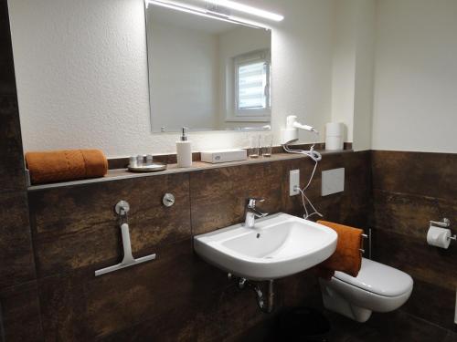 a bathroom with a sink and a mirror at Gasthof Reiterstuben in Hoßkirch
