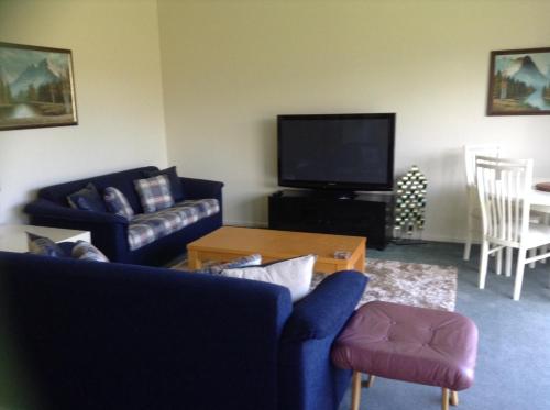 a living room with a couch and a tv at Darfield Bel Air right on the main street in Darfield