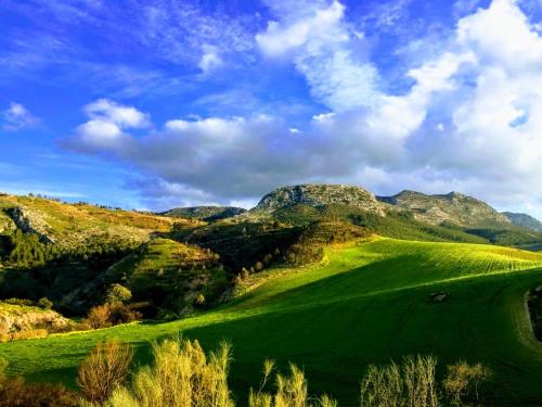a green golf course with mountains in the background at Hotel Ronda Moments in Ronda