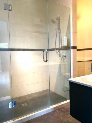 a shower with a glass door in a bathroom at Closeburn LakeView House in Queenstown