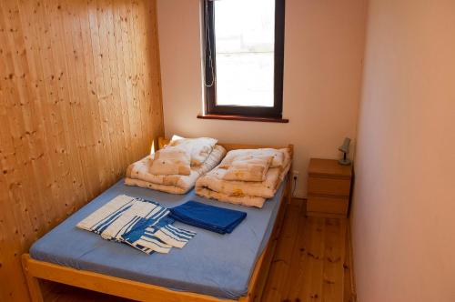 2 łóżka w małym pokoju z oknem w obiekcie Apartamenty pod dębem w Łukęcinie