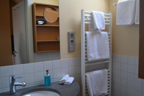 uma casa de banho com lavatório, espelho e toalhas em Alte Schule Reichenwalde em Reichenwalde