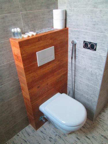 a white toilet in a bathroom with a wooden wall at Arena,VIP in Kyiv