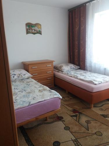 1 dormitorio con 2 camas, vestidor y ventana en Noclegi na Debinie, en Gorzyce