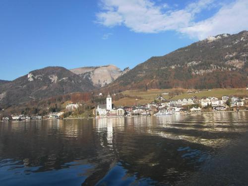 a town on the water with mountains in the background at Apartementhaus Schöndorfer in Strobl
