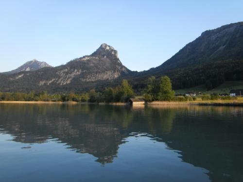 a view of a lake with mountains in the background at Apartementhaus Schöndorfer in Strobl