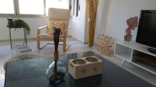 タリファにあるApartamento Abrilのリビングルーム(花瓶、テーブルの上に箱付)