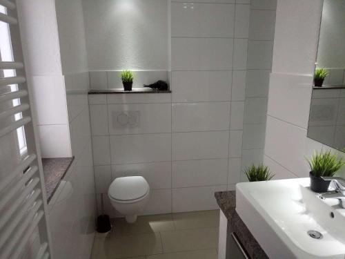 a white bathroom with a toilet and a sink at dat geele hus Wohnung Nr. 4 in Büsum