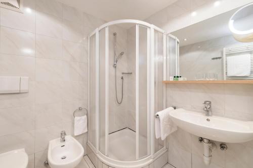 y baño con ducha, aseo y lavamanos. en Residence Hotel Gasser, en Bresanona