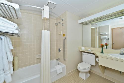 ein Bad mit einer Dusche, einem WC und einem Waschbecken in der Unterkunft Holiday Inn Wilkes Barre - East Mountain, an IHG Hotel in Wilkes-Barre