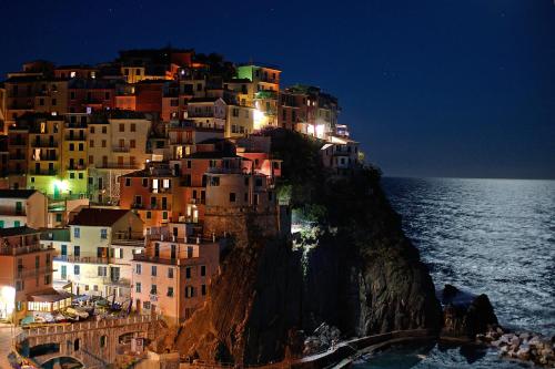 a village on a mountain with the ocean at night at Nibea Suite Apartment in Manarola