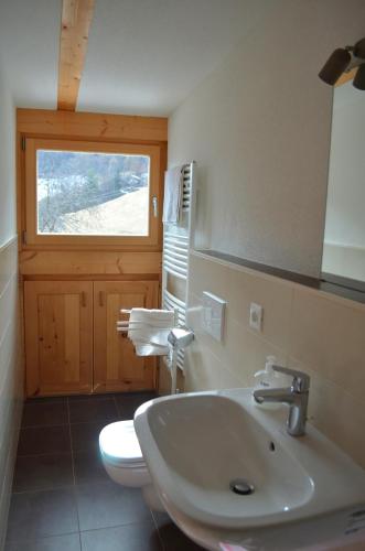 a bathroom with a sink and a toilet with a window at Gruberhof in San Genesio Atesino
