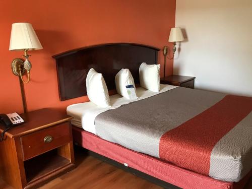 Habitación de hotel con 1 cama grande y 2 lámparas en Econo Lodge, en Metter