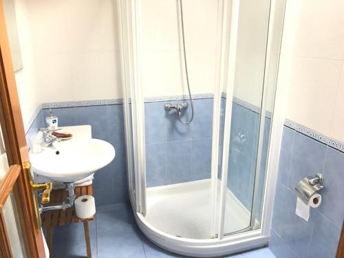La salle de bains est pourvue d'une douche et d'un lavabo. dans l'établissement Posada La Cabaña De Salmon, à Santillana del Mar