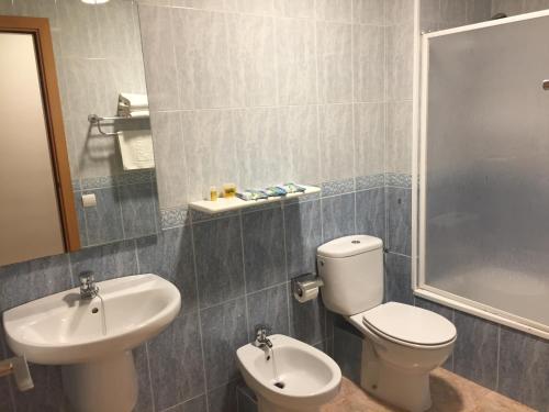 y baño con aseo y lavamanos. en Hotel Mediterrani Blau, en Sant Jaume d'Enveja