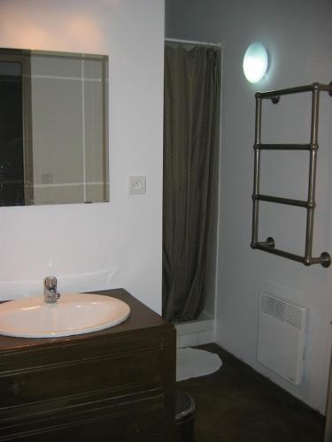 une salle de bain avec un lavabo et un miroir dans l'établissement Gîtes Le Relais de Roquefereau, à Penne-dʼAgenais