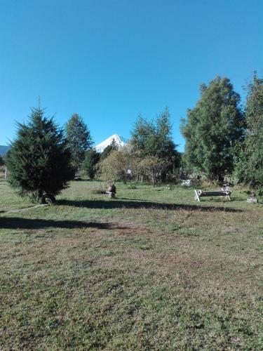 a park with a bench in the middle of a field at Cabañas Captren Andino in Curacautín