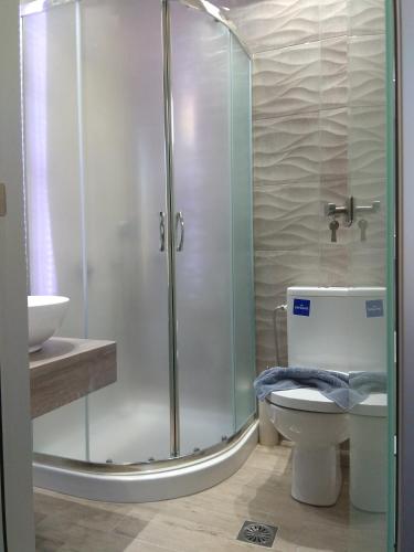 a bathroom with a shower and a toilet and a sink at Virgin Mary in Rodakino