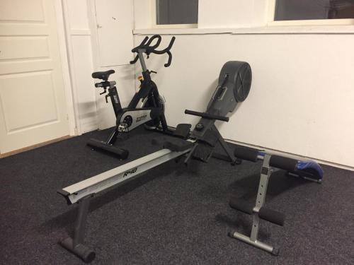 a gym with two exercise bikes next to a wall at Norrfly Herrgård in Kilafors