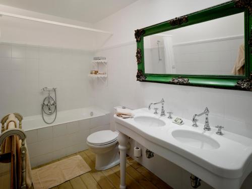 a bathroom with a sink and a toilet and a mirror at Chateau De Germigney in Port-Lesney