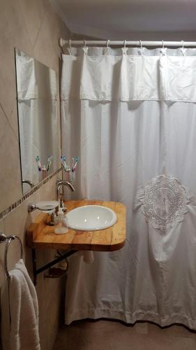 a bathroom with a sink and a shower curtain at Brujas in Los Reartes